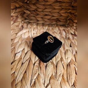 Elegant Oval Amber Stone Ring With Delicate Silver Designed Band